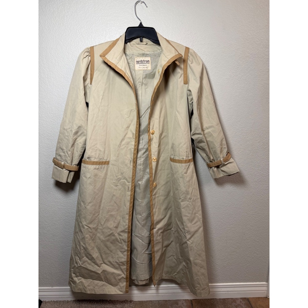 Vintage Nordstrom Town Square Trench Coat Tan Beige Brown Trim Size 4